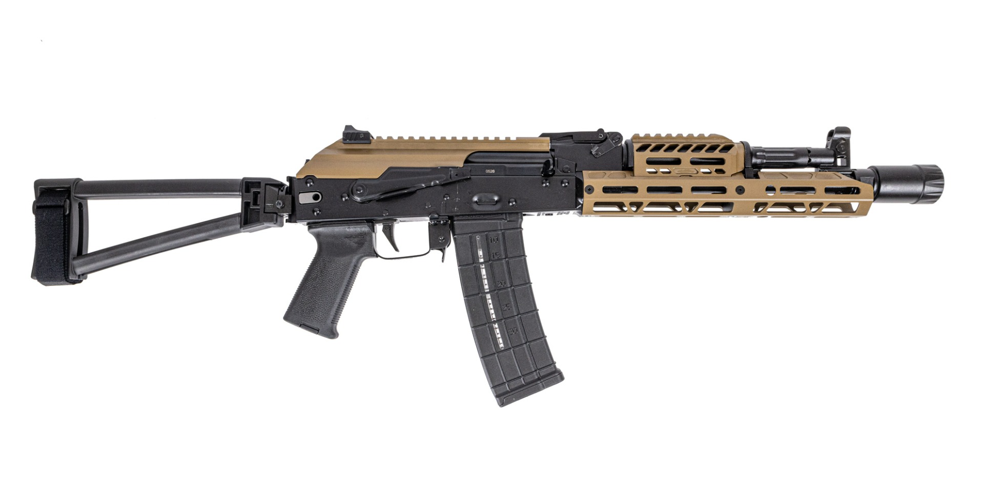 PSA AK-102 Triangle Side Folding Pistol - FDE With Hinged Dustcover, JL Billet Rail,  Toolcraft Trunnion, Bolt, And  Carrier - Palmetto State Armory