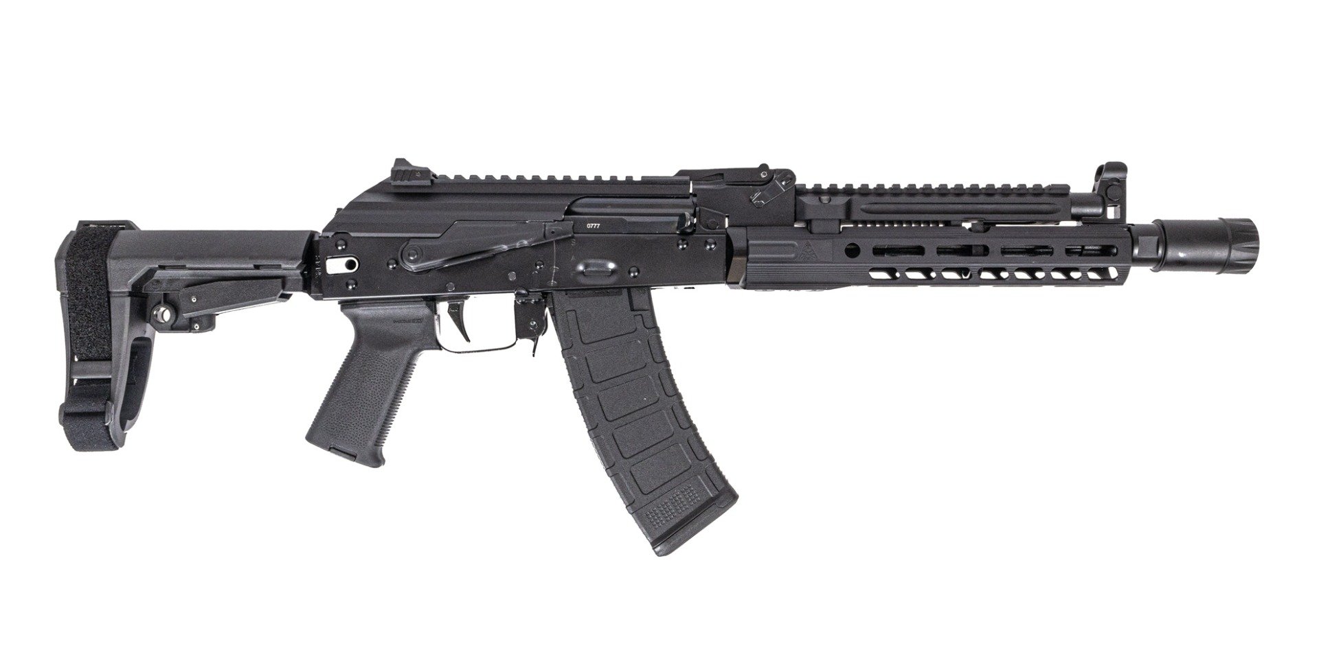 PSA AK-105 SBA-3 Pistol with PSA-SLR SOLO 9.45 Rail, ALG Trigger, Linear Comp, Hinged Dust Cover, Toolcraft Bolt, Trunnion, and Carrier - Palmetto State Armory