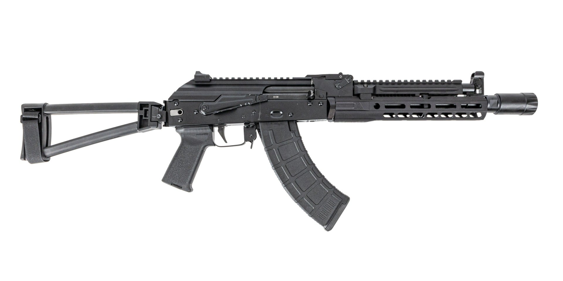 PSA AK-104 GF5 Triangle Side Folding Pistol with Triangle Brace, PSA-SLR SOLO 9.45" Rail, ALG Trigger, Hinged Dust Cover, and Linear Comp - Palmetto State Armory