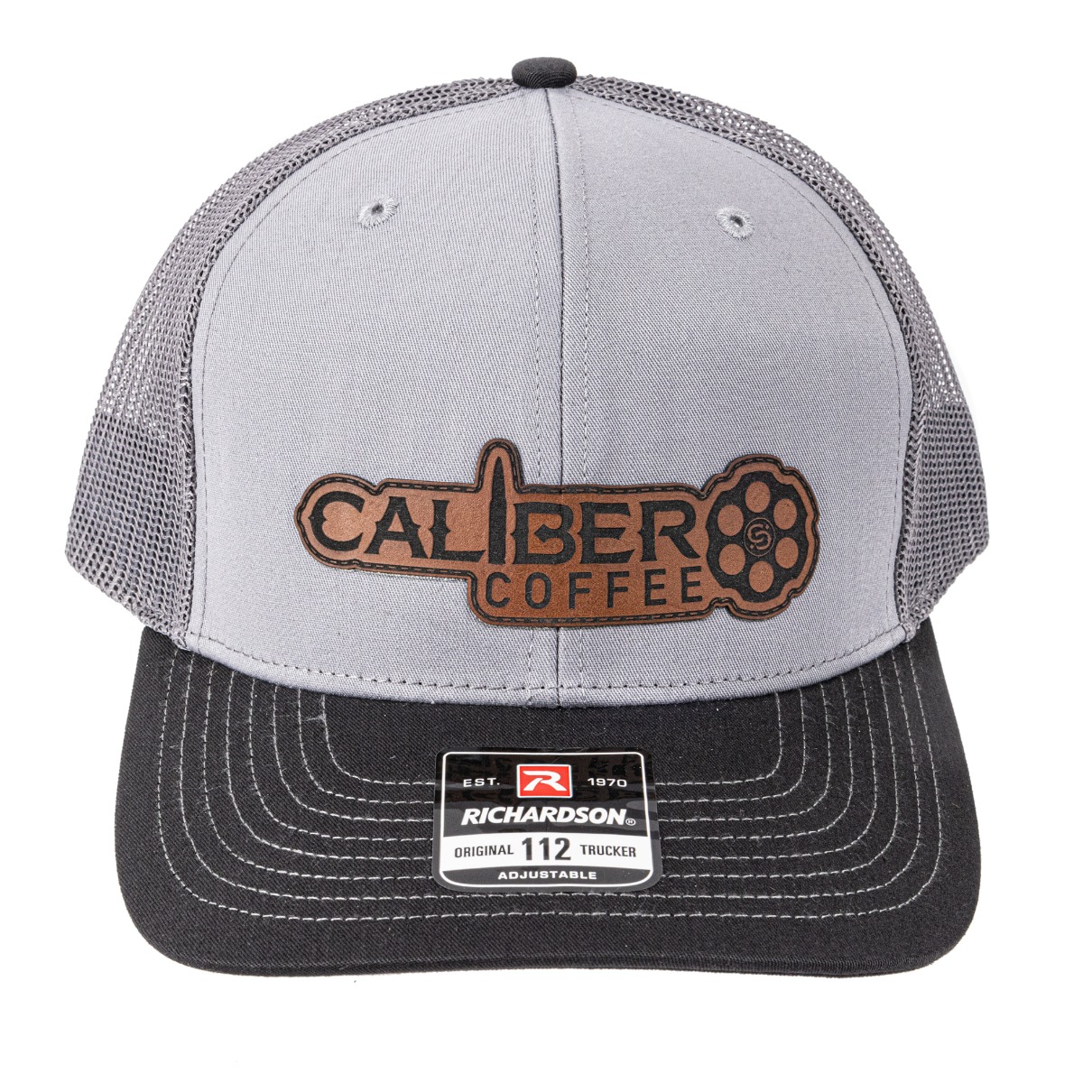 Caliber Coffee Richardson Hat w/ Leather Die Cut Logo, Black/Grey - Caliber Coffee