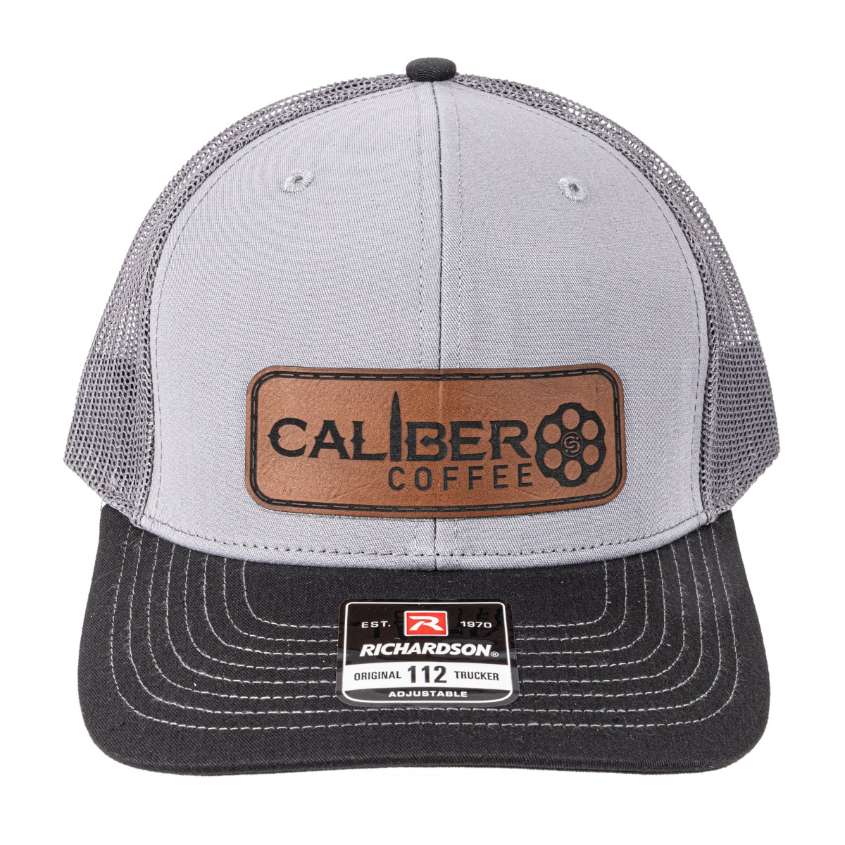 Caliber Coffee Richardson Hat w/ Leather Rectangle Logo, Black/Grey