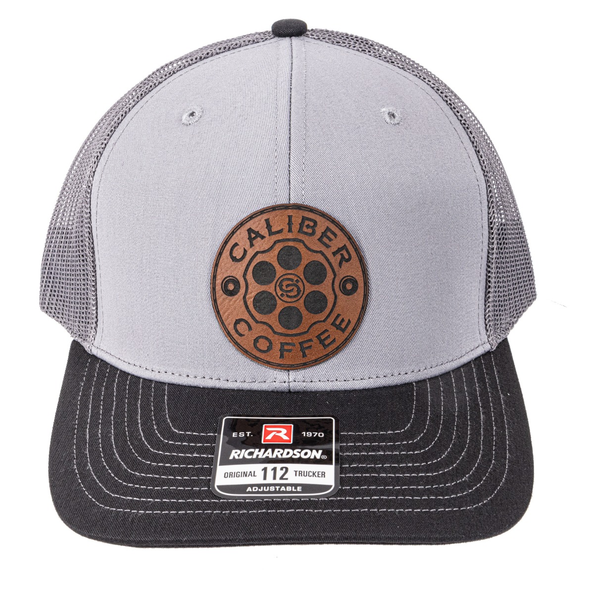 Caliber Coffee Richardson Hat w/ Leather Round Logo, Black/Grey