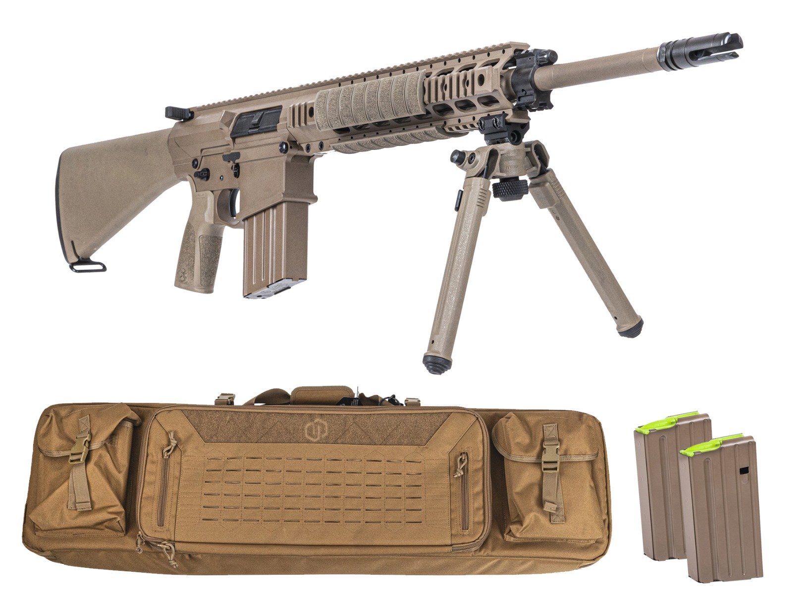 PSA Sabre AR-10 Rifle Billet 20" .308 Rifle w/  12.5" Quad Rail, A1 Stock, Magpul Bi-Pod, 3 Mags, & Sabre Bag, FDE - Palmetto State Armory