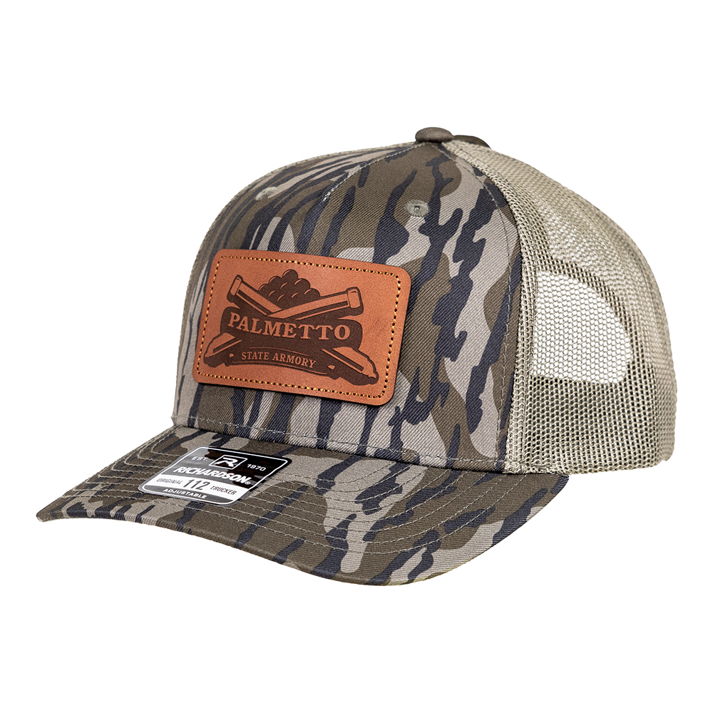 PSA Leather Patch Richardson 5 Panel Trucker Hat, Mossy Oak Bottomland