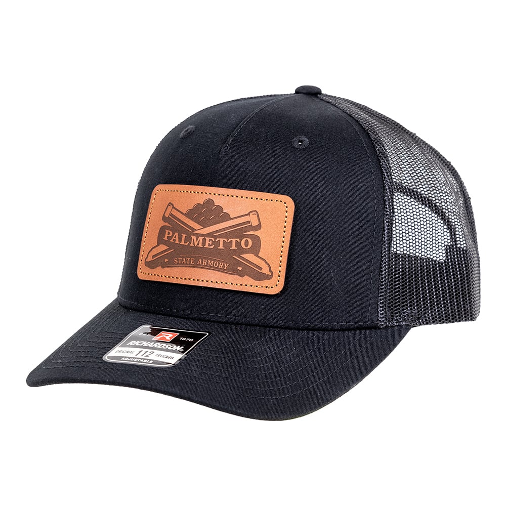 PSA Leather Patch Richardson 5 Panel Trucker Hat, Black