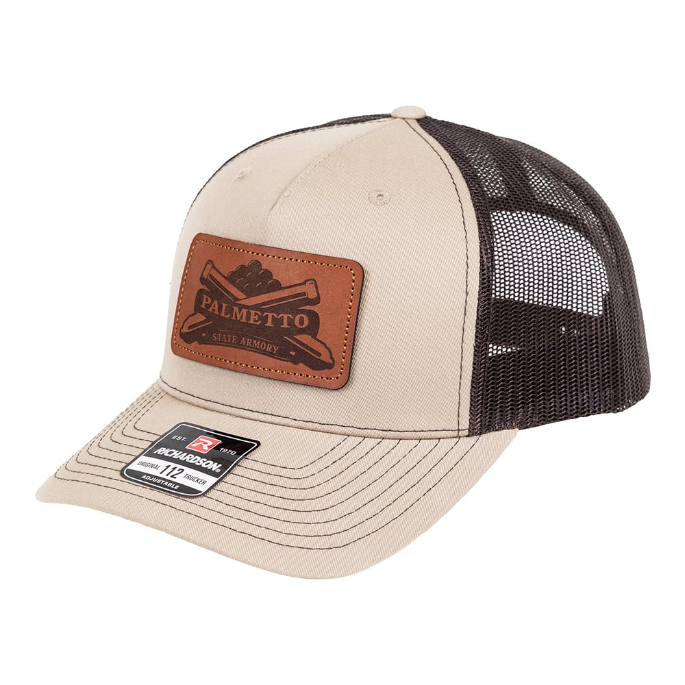 PSA Leather Patch Richardson 5 Panel Trucker Hat, Khaki/Coffee