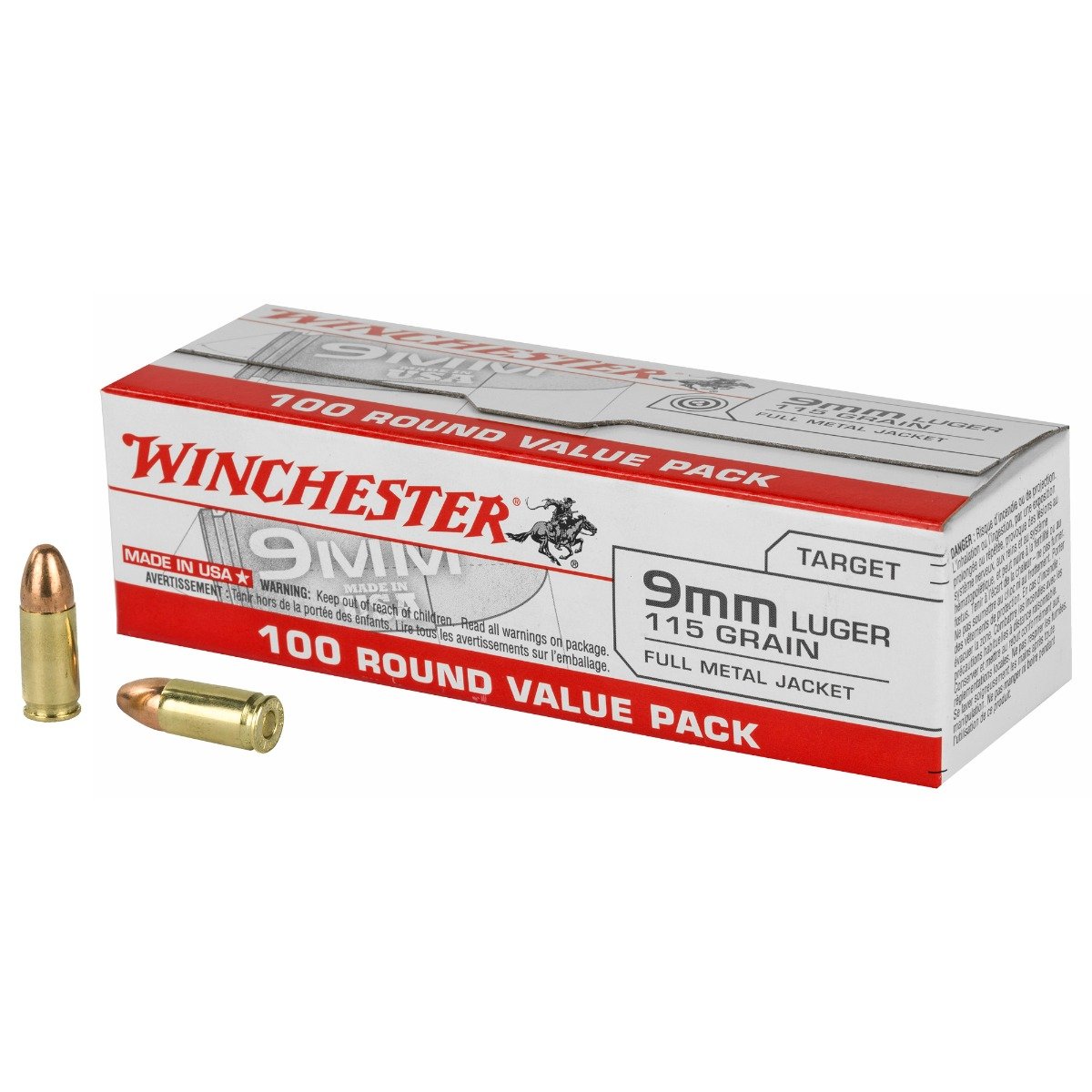 Winchester 115gr FMJ 9mm Ammunition, 100rds - USA9MMVPY - Winchester