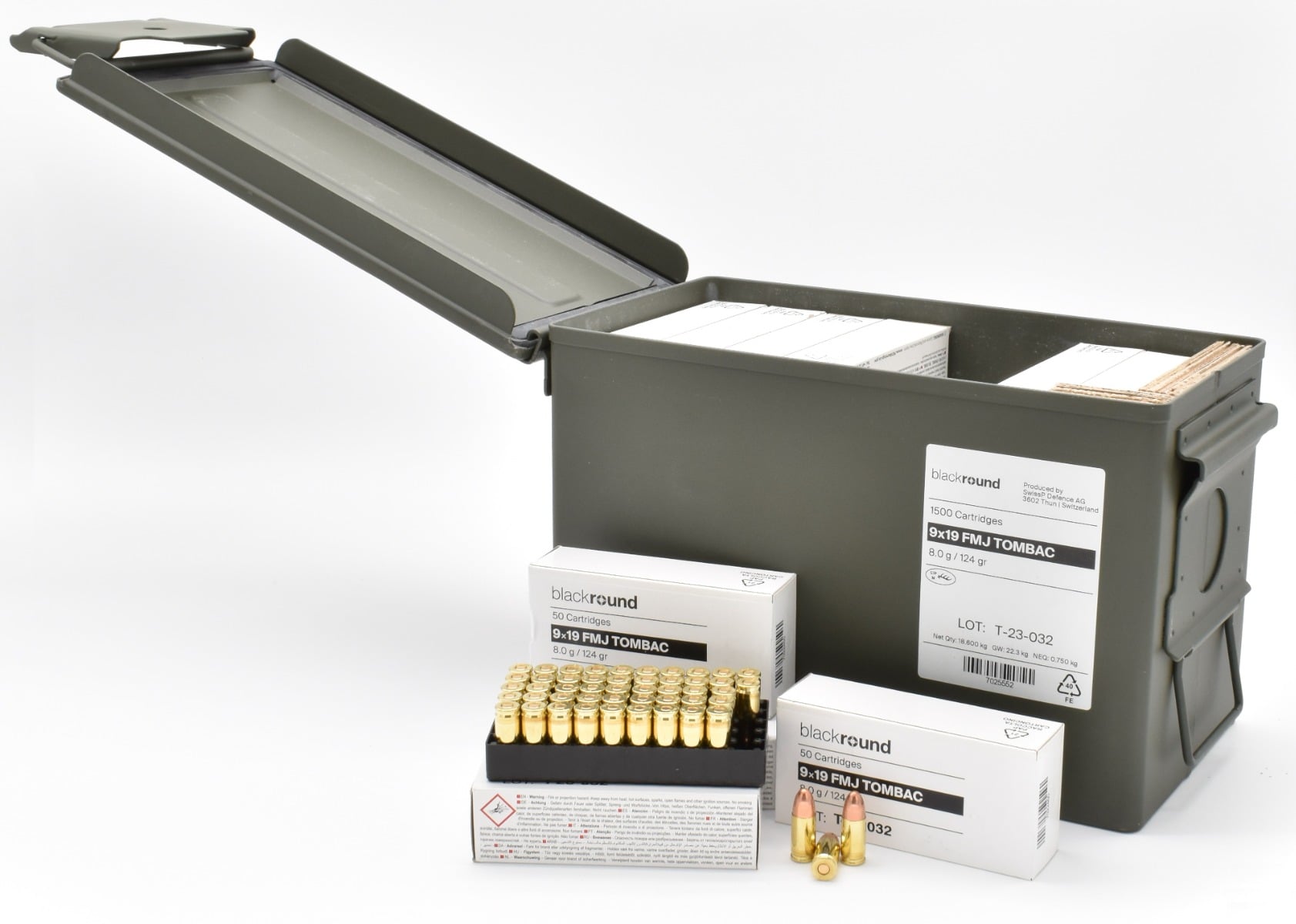 Swiss P Defense Blackround 9mm NATO 124gr 1,500rd Military Overrun Ammo Can - 9MM124FMJ-SP1500 - Swiss