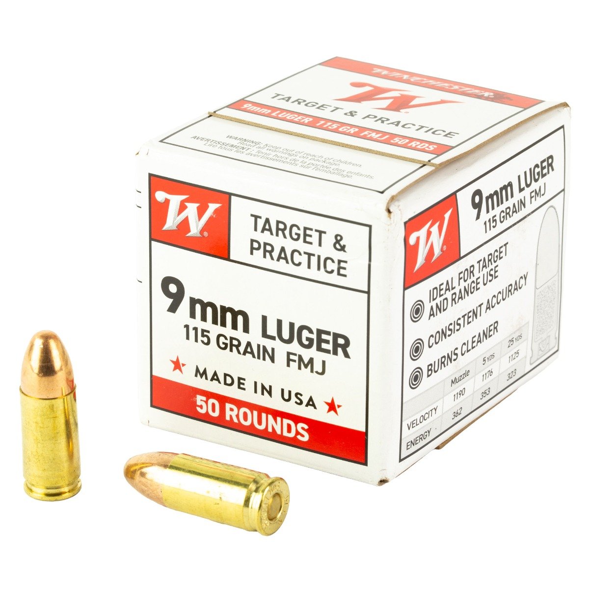 Winchester USA Target 9mm 115gr FMJ Ammo, 50rds - W9MM50 - Winchester