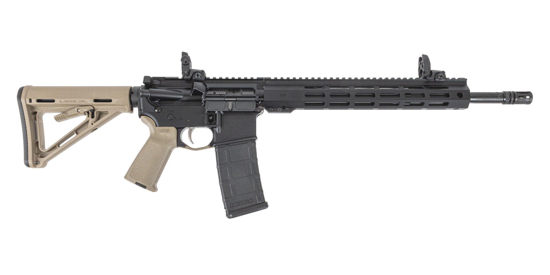 PSA 16" Mid-Length 5.56 NATO 1/7 Nitride 13" Lightweight Hex M-Lok MOE EPT Rifle w/MBUS Sight Set, FDE - Palmetto State Armory