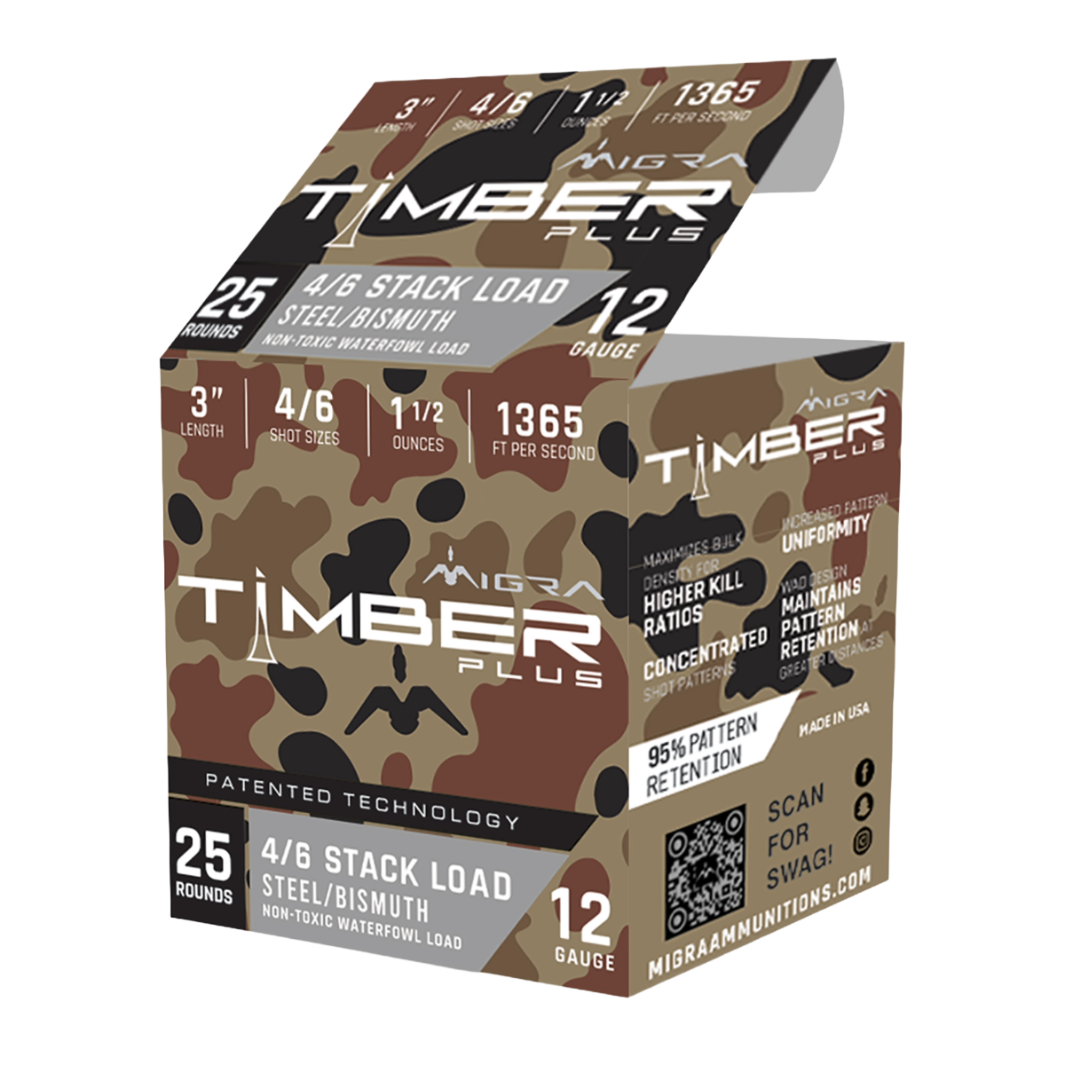 Migra Timber Plus 12 Gauge, 3" #4 & #6 Bismuth/Steel Stacked Shot, 1.5oz, 25rds - M12SB46 - Migra Ammunition