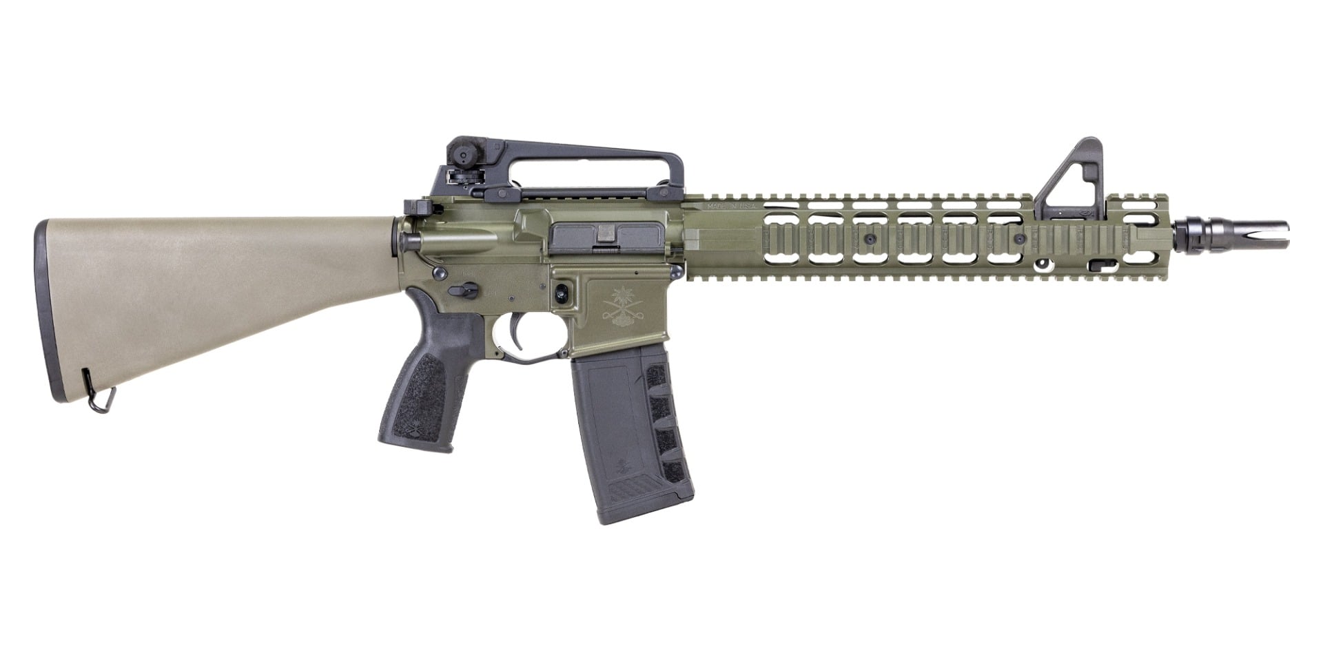 PSA "Sabre" Forged 13.7" Mid-Length 5.56 FSB with 13" Two-Piece Quad Rail and JMAC GFHC-E Pin//Weld A1 Stock and Carry Handle Rifle, Cerakote ODG - Palmetto State Armory