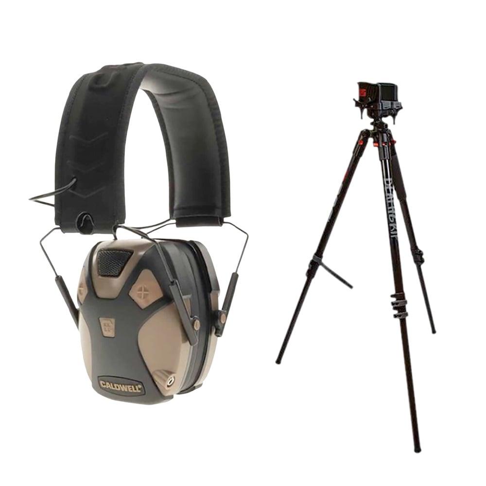 Bog-Pod DeathGrip 9"-59" Aluminum Tripod, Black w/ E-Max Pro Earmuffs, FDE - 1209955 - Battenfeld