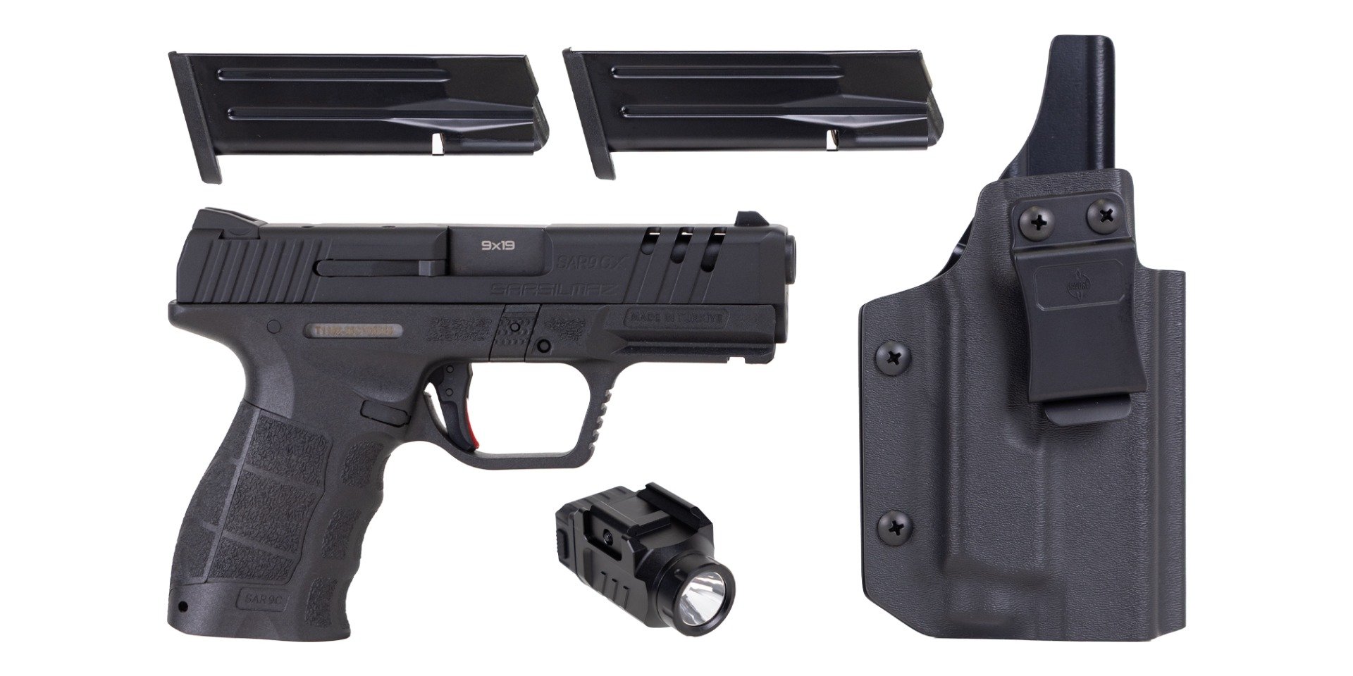 SAR SAR9 CX Package 4" 9mm 15rd Pistol, Black W/ Rail Mounted Flashlight and Holster - SAR9CXBL - Sar Usa
