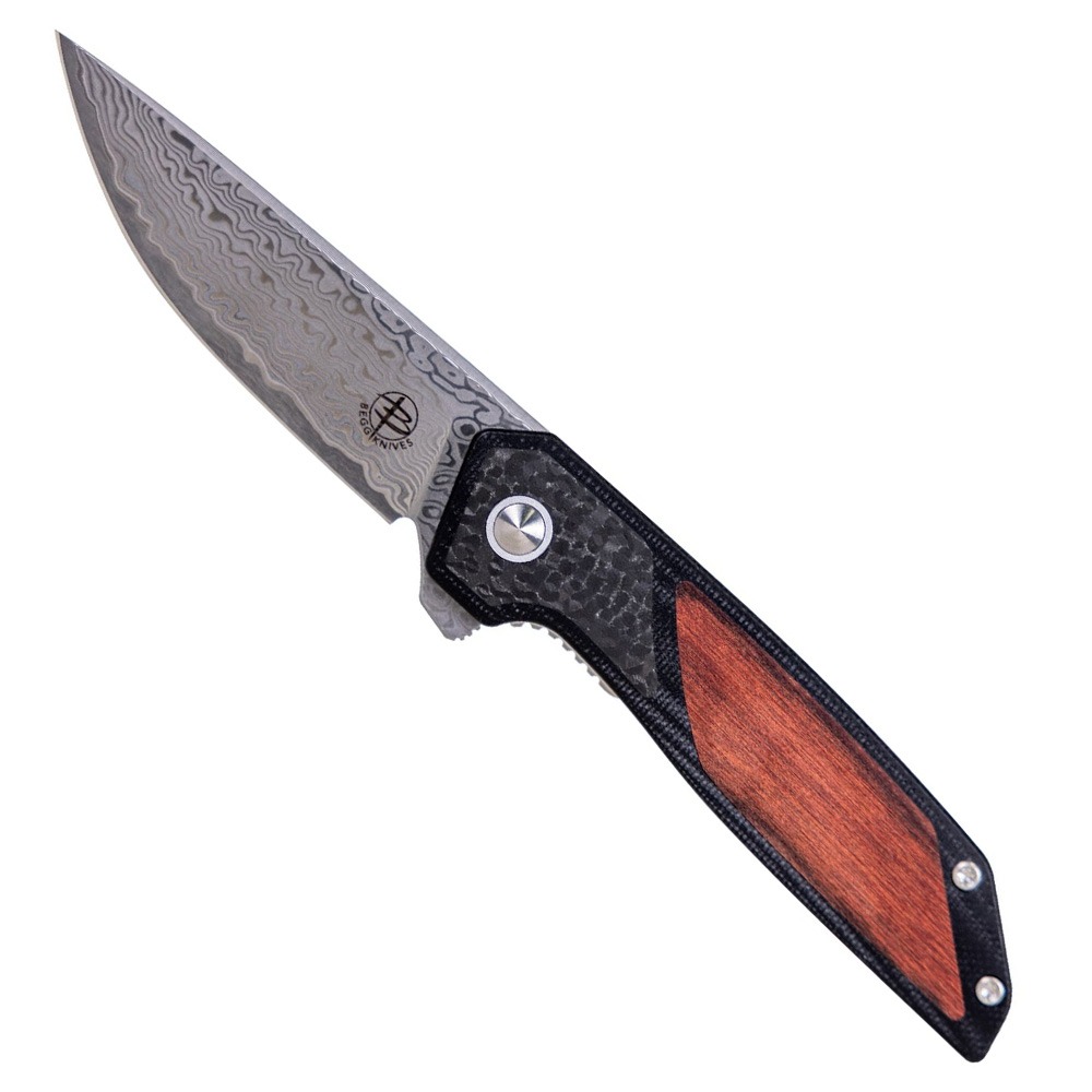 Begg Knives Diamici Damascus Folding Drop Point Knife, Wood - BG056