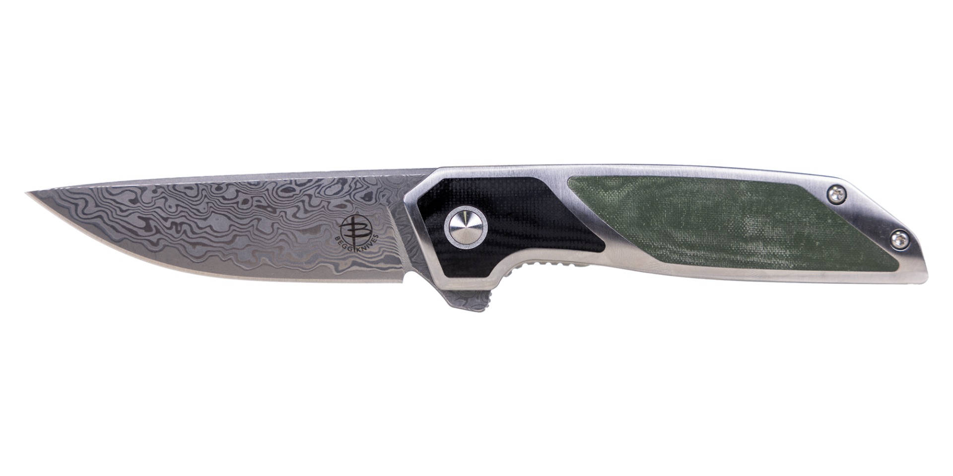 Begg Knives Diamici Damascus Folding Drop Point Knife, Green - BG015M - Begg Knives