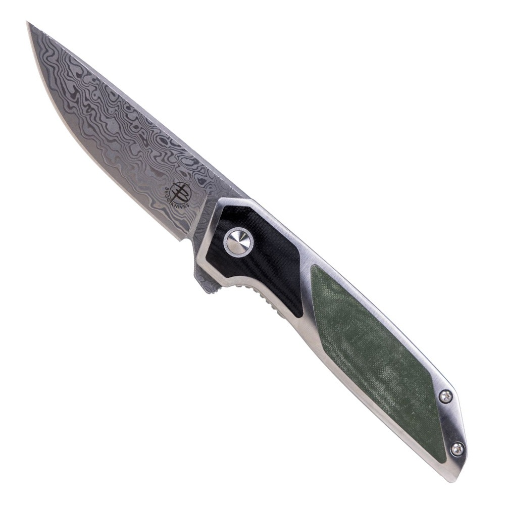 Begg Knives Diamici Damascus Folding Drop Point Knife, Green - BG015M