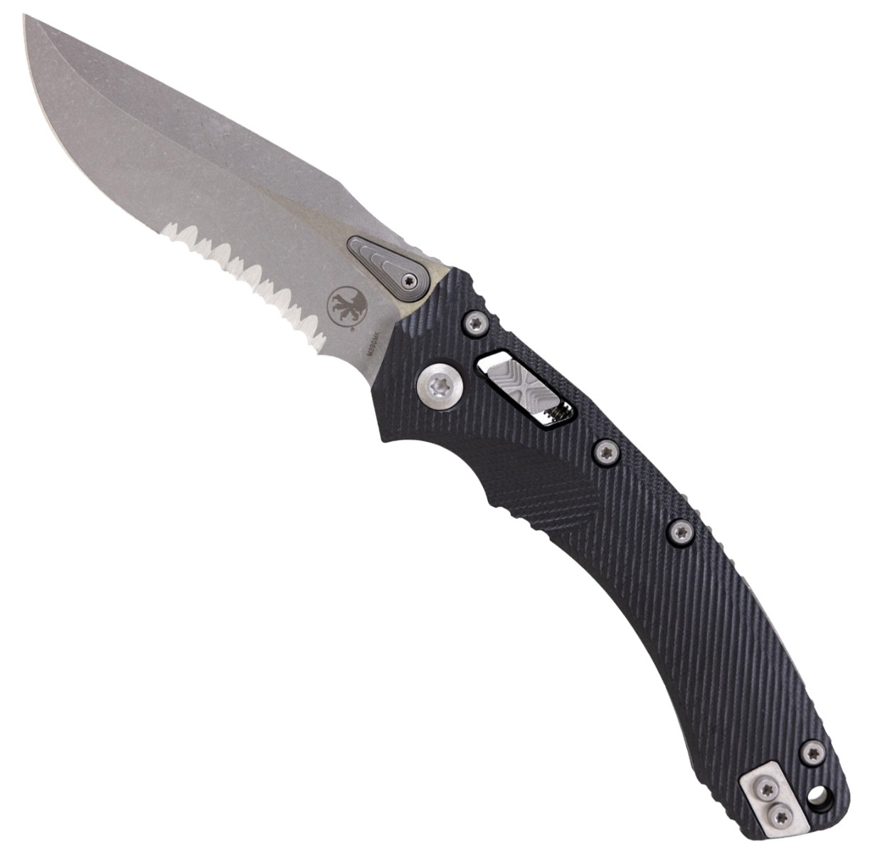 Microtech Amphibian Ram-Lok Apocalyptic Folding Clip Point Knife Serrated, Black - 137RL-11APFLGTBK