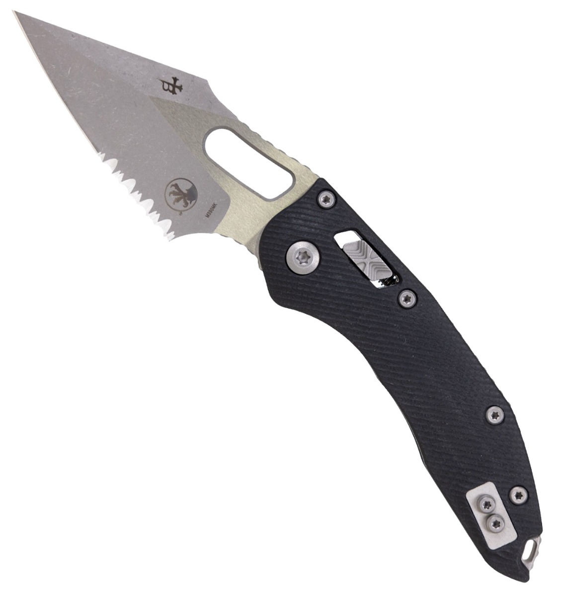 Microtech Stitch Ram-Lok Apocalyptic Folding Spear Point Knife Serrated, Black - 169RL-11APFLGTBK