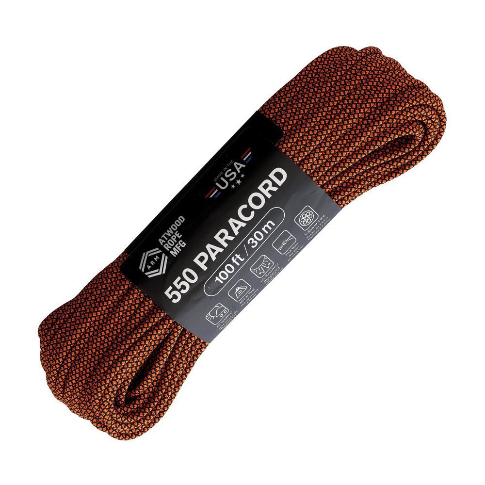 Atwood Parachute Cord 100 ft, Black/Orange Diamonds