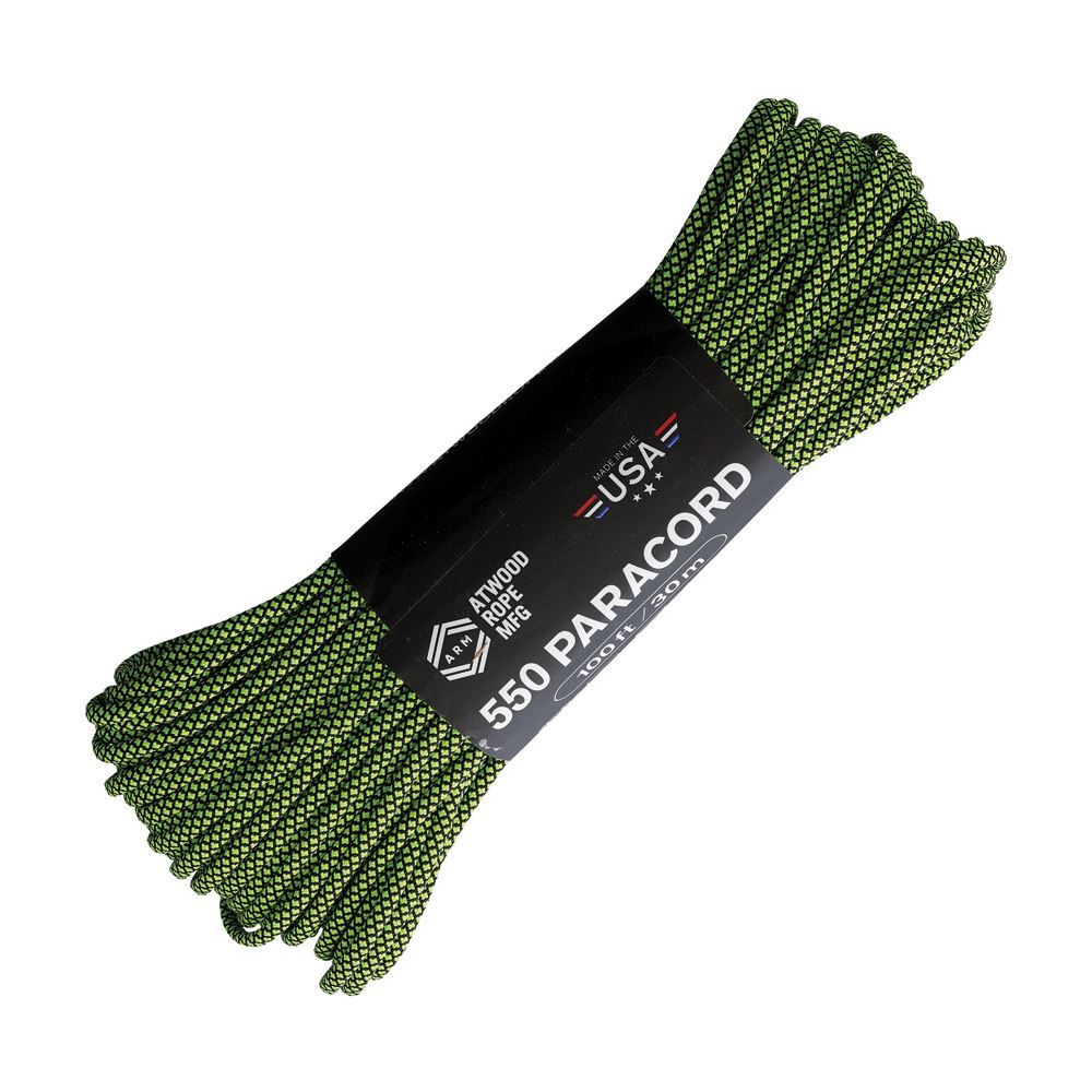 Atwood Parachute Cord 100 ft, Black/Green Diamonds