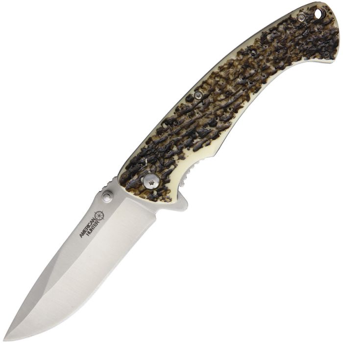 American Hunter Imitation Stag Hunter Assisted Open Drop Point Knife, Brown - AH016 - American Hunter Knives