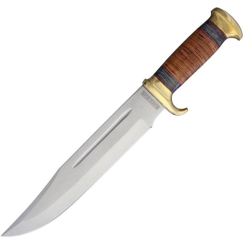 Rough Rider Stacked Leather Bowie Fixed Blade Clip Point Knife, Brown - RR2006 - Rough Rider Knives