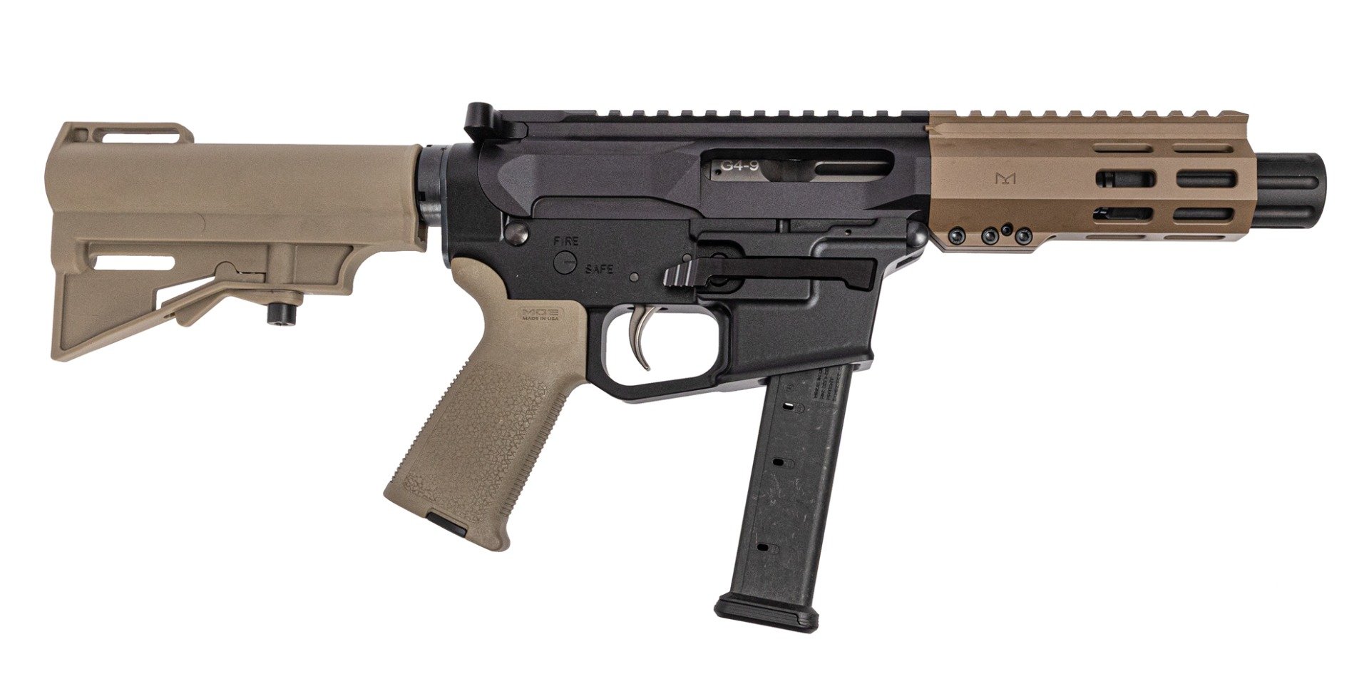 PSA Gen4 4" 9mm 1/10 GX 5" Lightweight Hex M-Lok MOE EPT HAR-15 Pistol, FDE