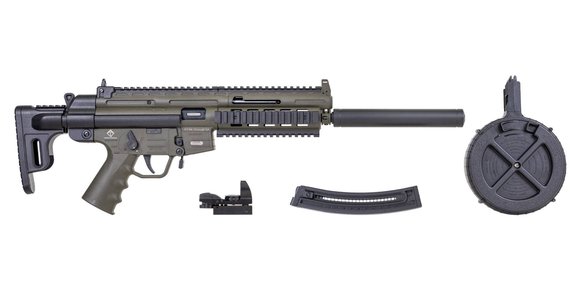 GSG-16 16.25" 22lr 22rd Rifle Package w/ ATI DUO Sight and 110rd Drum, OD Green - GERGGSG1622GPKG - Ati