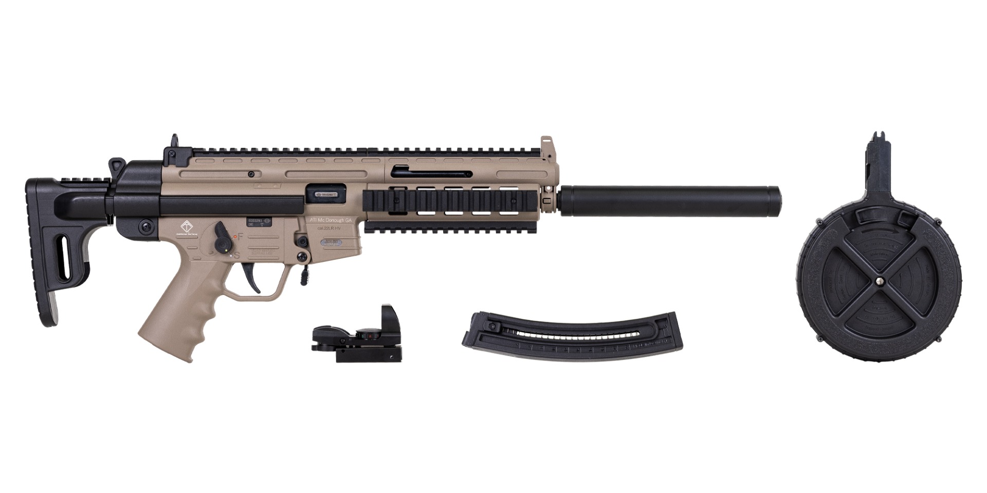 GSG-16 16.25" 22lr 22rd Rifle Package w/ ATI DUO Sight and 110rd Drum, FDE - GERGGSG1622TPKG - Ati