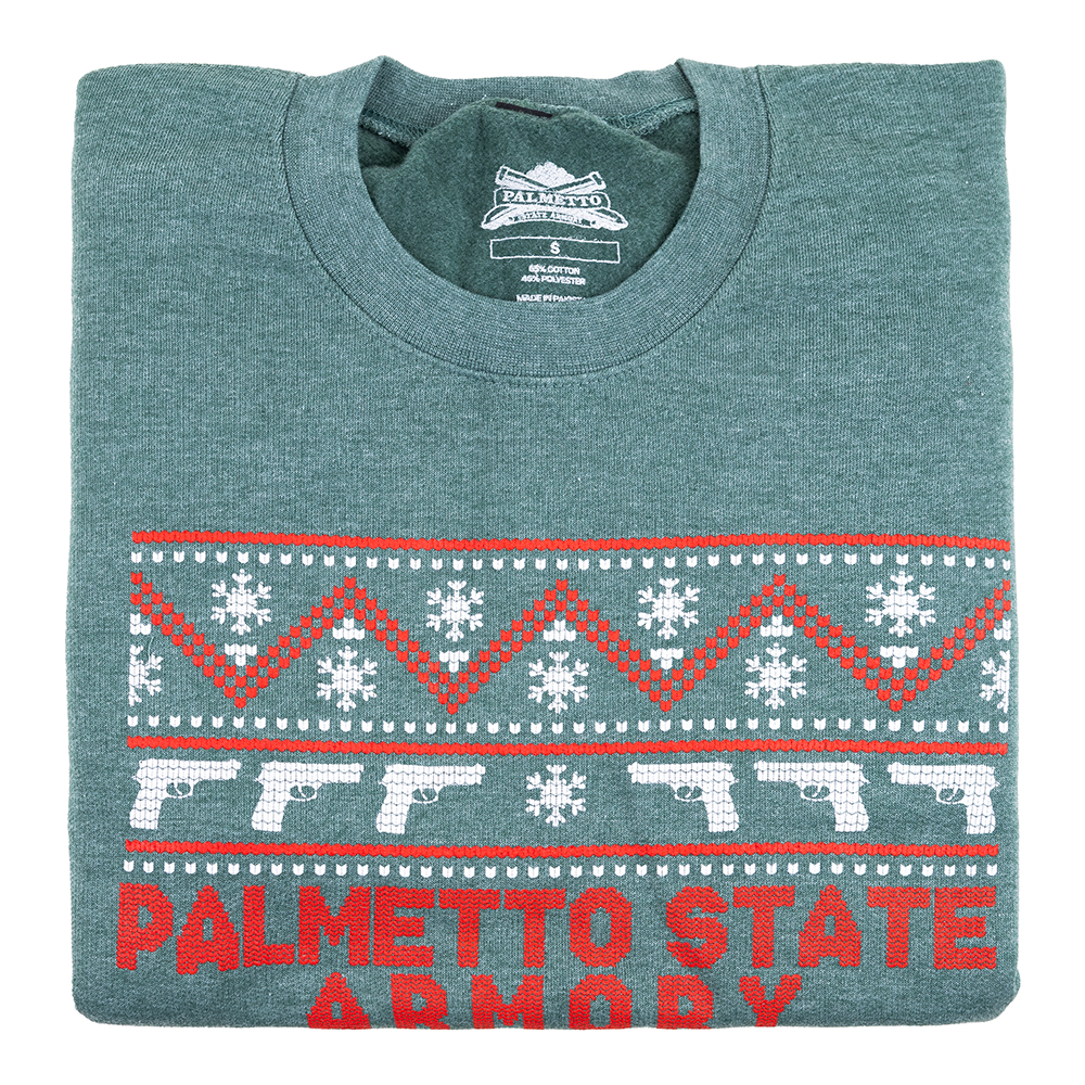 PSA Ugly Sweater Fleece Crewneck With Logo, Dark Heather Green - Small