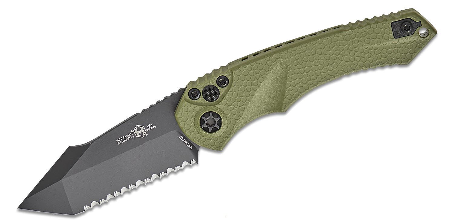 Heretic Knives Mini Pariah Auto Folding Tanto Knife Serrated, OD Green - H055-4B-GRN
