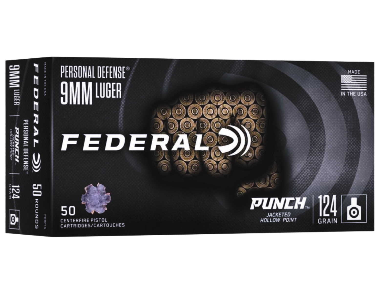 Federal Personal Defense 9mm Luger 124gr PUNCH JHP Ammo, 50rd - PD9P1G - Federal