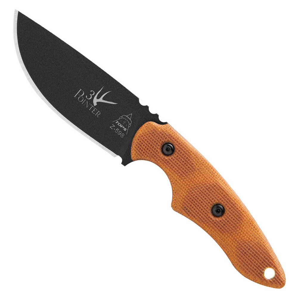 TOPS Knives 3 Pointer Fixed Blade Knife, Tan Canvas Micarta - 3PR-02