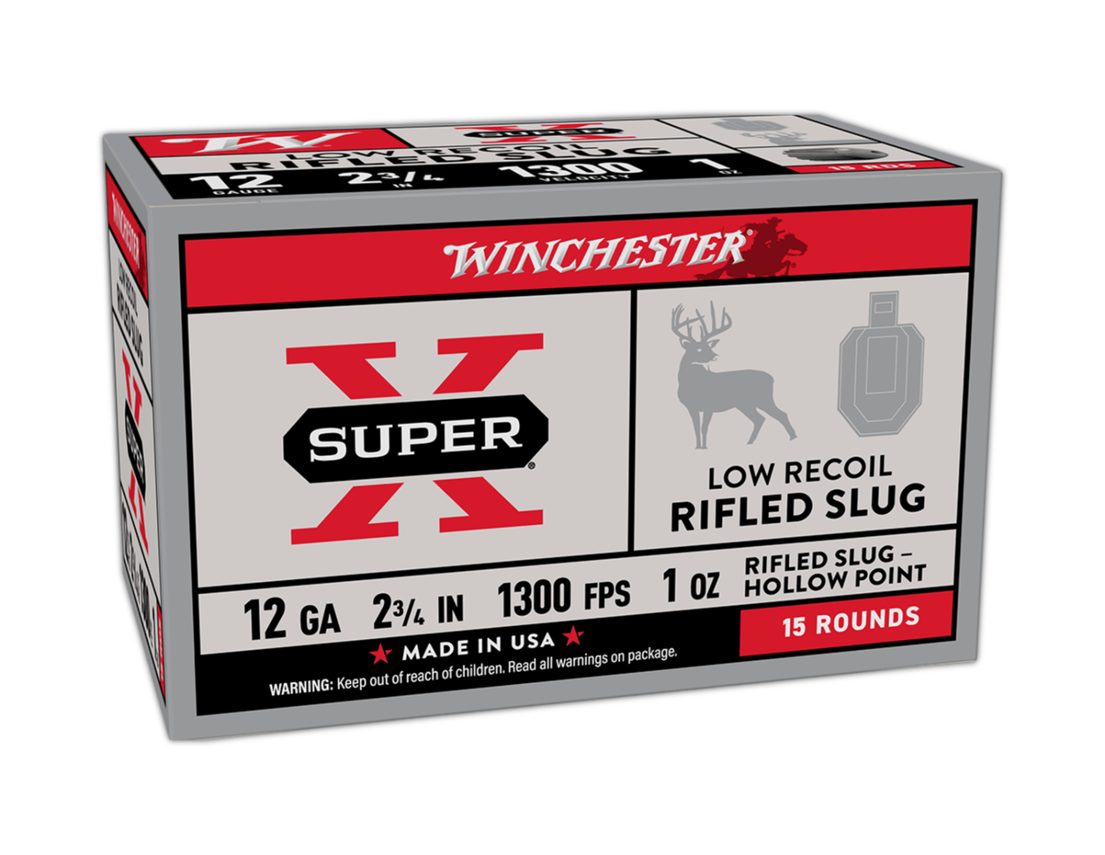 Winchester Super-X Low Recoil 12 Gauge 2-3/4" 1oz HP Rifled Slugs, 15Rds