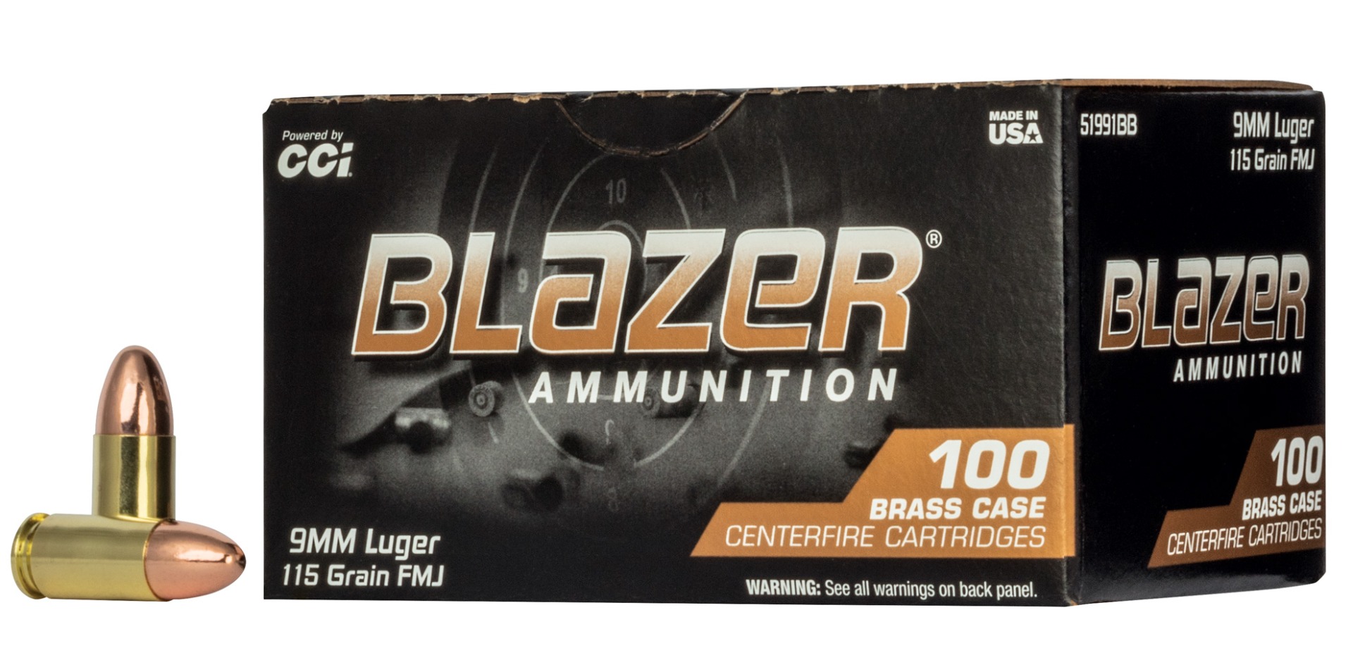CCI Blazer Brass 9mm Ammo 115gr FMJ, 100rds - 51991BB - Cci