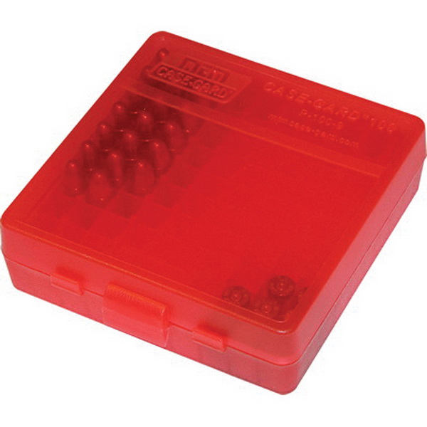 MTM Case Gard P-100 9mm/.380 ACP/.30/.32 S&W/9mm Makarov 100 Round Flip-Top Ammo Box, Clear Red - P-100-9-29 - Mtm Case Gard