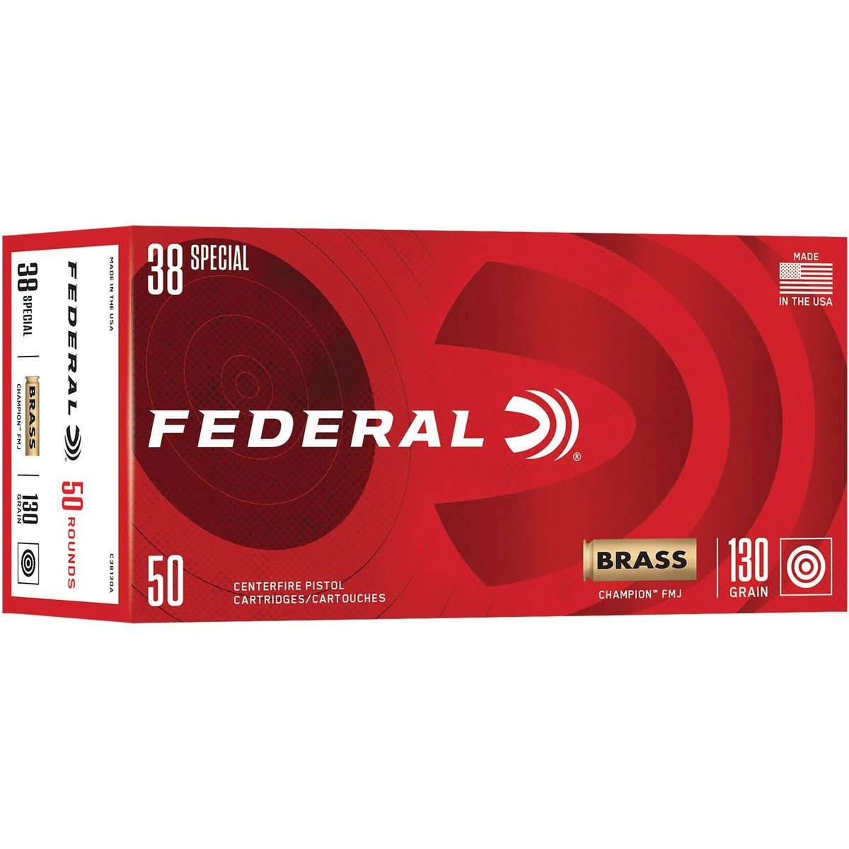Federal Champion .38 Special 130 gr FMJ 50rds Handgun Ammo for Dependable Target Practice - C38130A - Federal