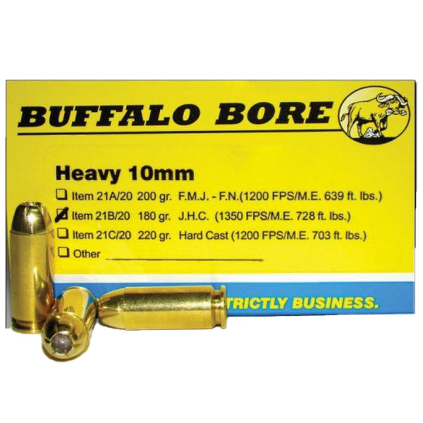 Buffalo Bore Heavy 10mm Auto 180 grain Jacketed Hollow Point Pistol and Handgun Ammo, 20/Box - 21B/20 - Buffalo Bore