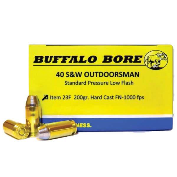 Buffalo Bore Outdoorsman Standard Pressure 40 S&W 200 grain Hard Cast Flat Nose Low Flash Pistol and Handgun Ammo, 20/Box - 23F/20 - Buffalo Bore