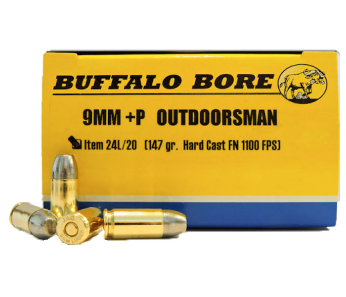 Buffalo Bore Outdoorsman 9mm Luger +P 147 grain Hard Cast Flat Nose Handgun Ammo, 20/Box - 24L/20 - Buffalo Bore