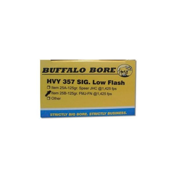 Buffalo Bore Heavy 357 SIG 125 grain Full Metal Jacket Flat Nose Low Flash Pistol and Handgun Ammo, 20/Box - 25B/20 - Buffalo Bore