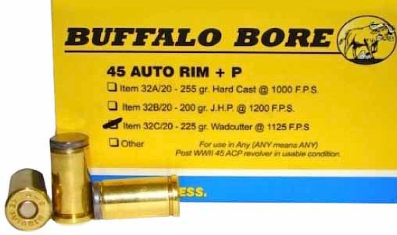 Buffalo Bore Anti-Personnel 45 Auto Rim +P 225 grain Hard Cast Wadcutter Pistol and Handgun Ammo, 20/Box - 32C/20 - Buffalo Bore