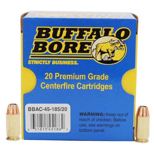 Buffalo Bore 45 ACP +P 185 grain Jacketed Hollow Point Pistol and Handgun Ammo, 20/Box - 45-185/20 - Buffalo Bore