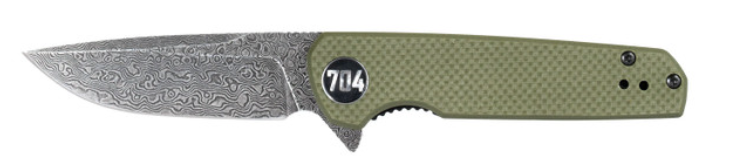 704 Gear Blitz EDC  Compact 2.98" Folding Pocket Knife, Olive Drab Green w/ Damascus Steel - 704 Gear
