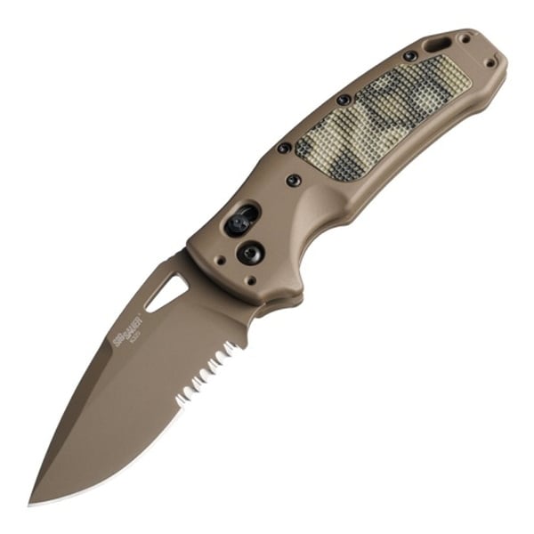 Hogue Sig K320 AXG Scorpion Folding Knife Drop Point Flat Dark Earth Partially Serrated Edge - Durable, Lightweight and Reliable - 36378 - Hogue