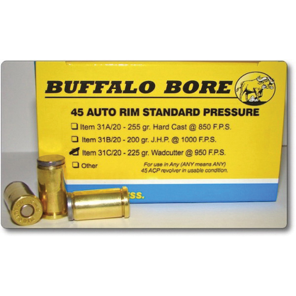 Buffalo Bore Standard Pressure 45 Auto Rim 225 grain Hard Cast Wadcutter Pistol and Handgun Ammo, 20/Box - 31C/20 - Buffalo Bore