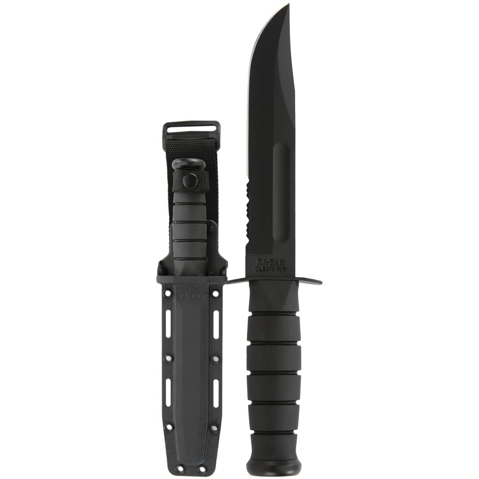 KA-BAR Clip Point Full Size Fixed Blade Knife, 7", Partially Serrated Edge, Black - 1214 - Ka-Bar