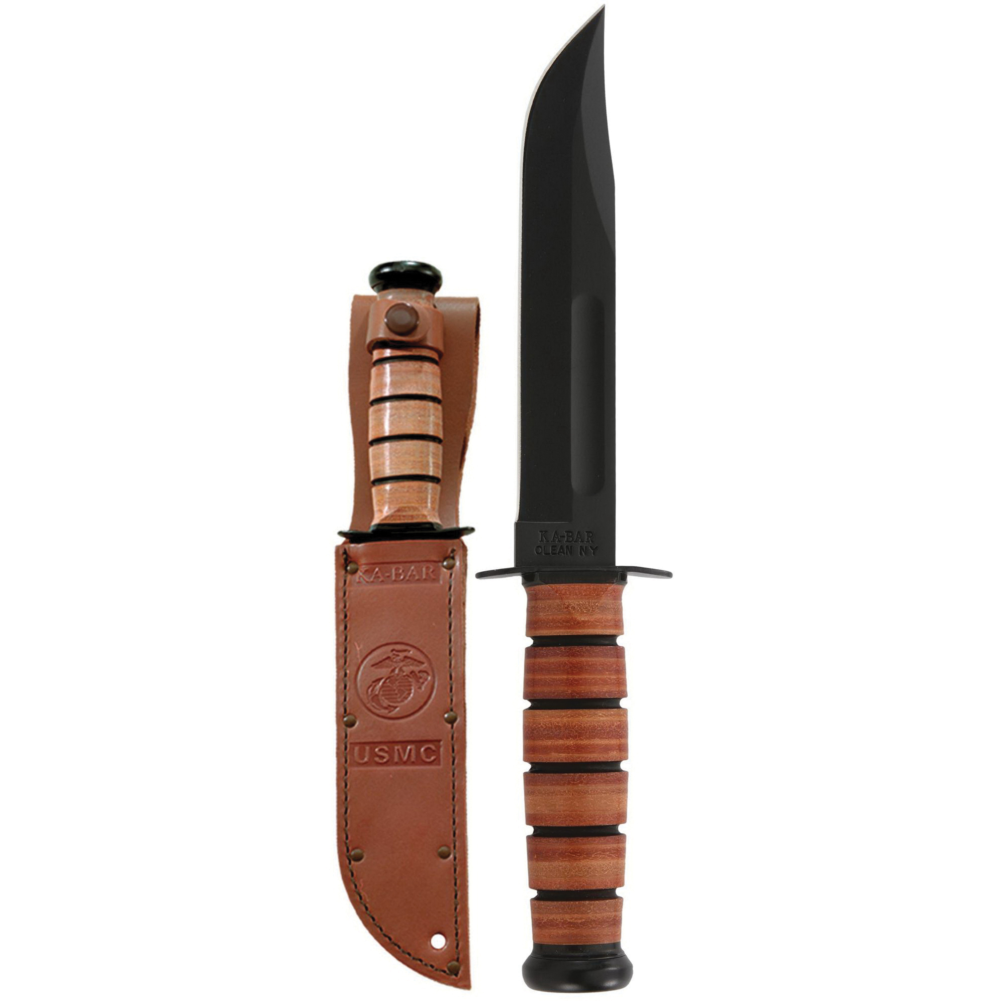 KA-BAR USMC Clip Point Fixed Blade Knife, 7", Brown - 1217 - Ka-Bar
