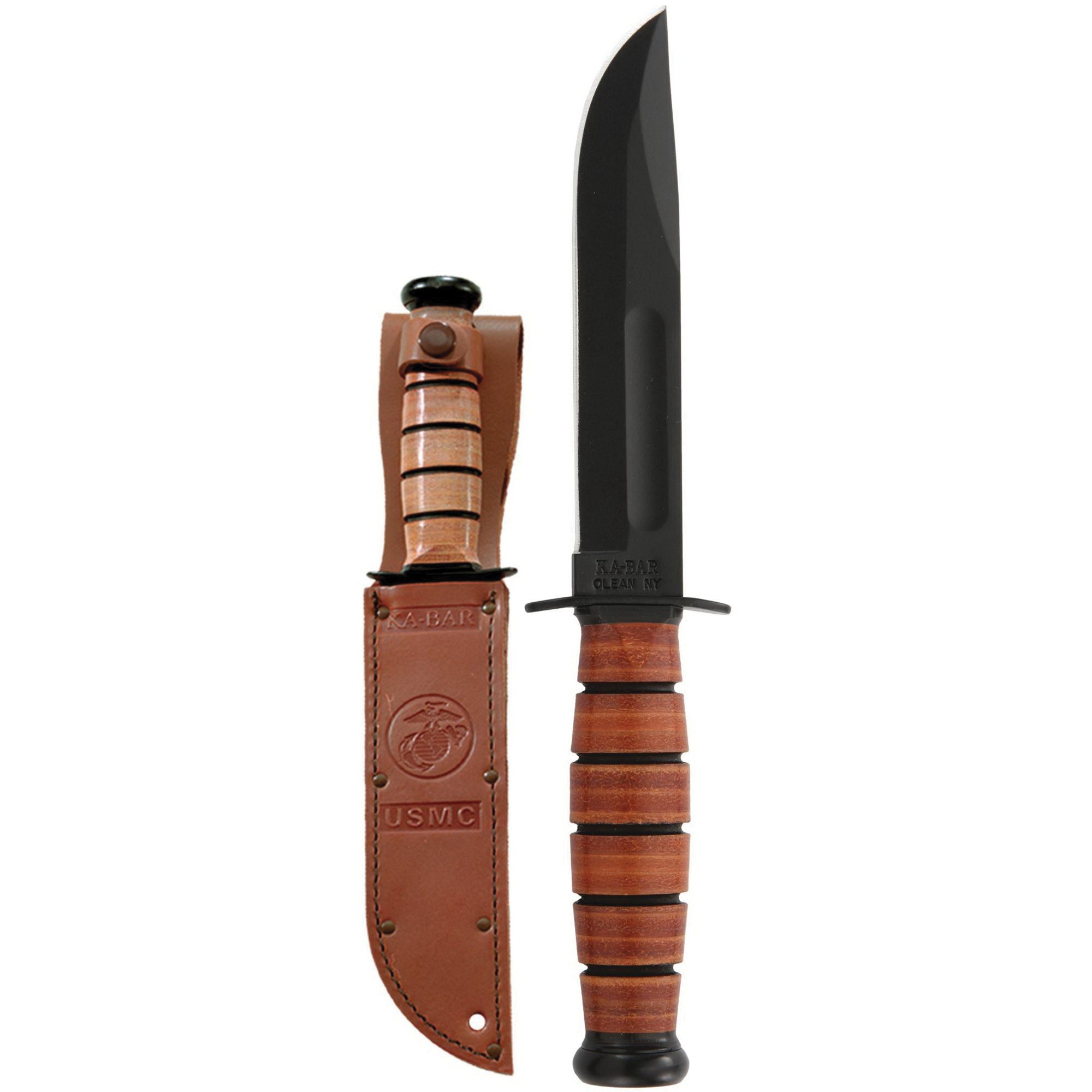 KA-BAR USMC Short Clip Point Fixed Blade Knife, 5.25", Brown - 1250